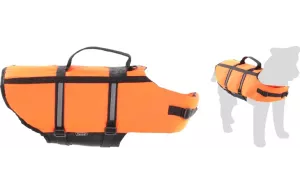 Orange flytväst till hundar med ett svart kraftigt handtag överst