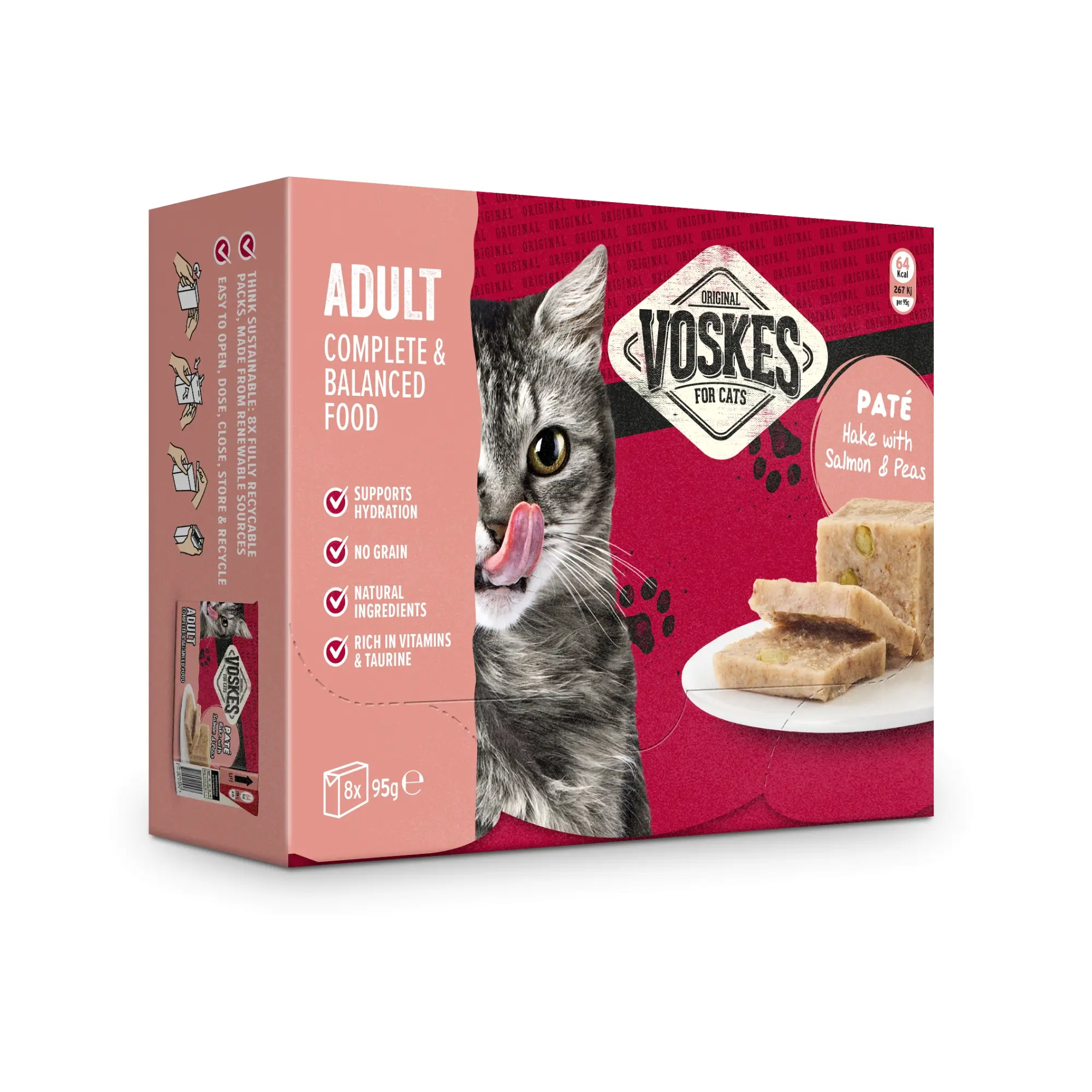 Våtfoder för katt Voskes Adult Paté Hake med Lax & Ärter 8 x 95 g