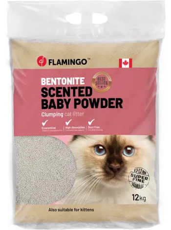 Kattsand med babypuderdoft i 12 kg-säck, exempel på doftande klumpbildande sand