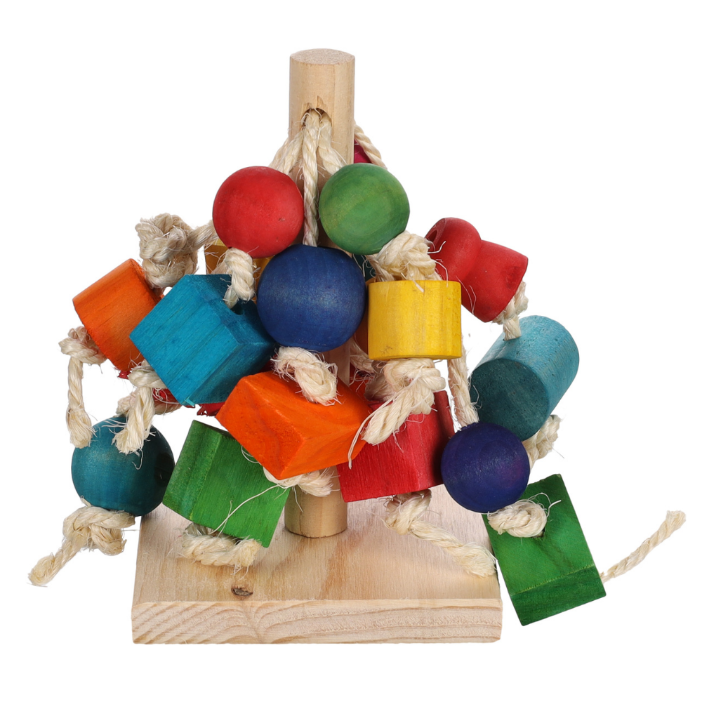 Färgglad träleksak med loofah och rep 15cm