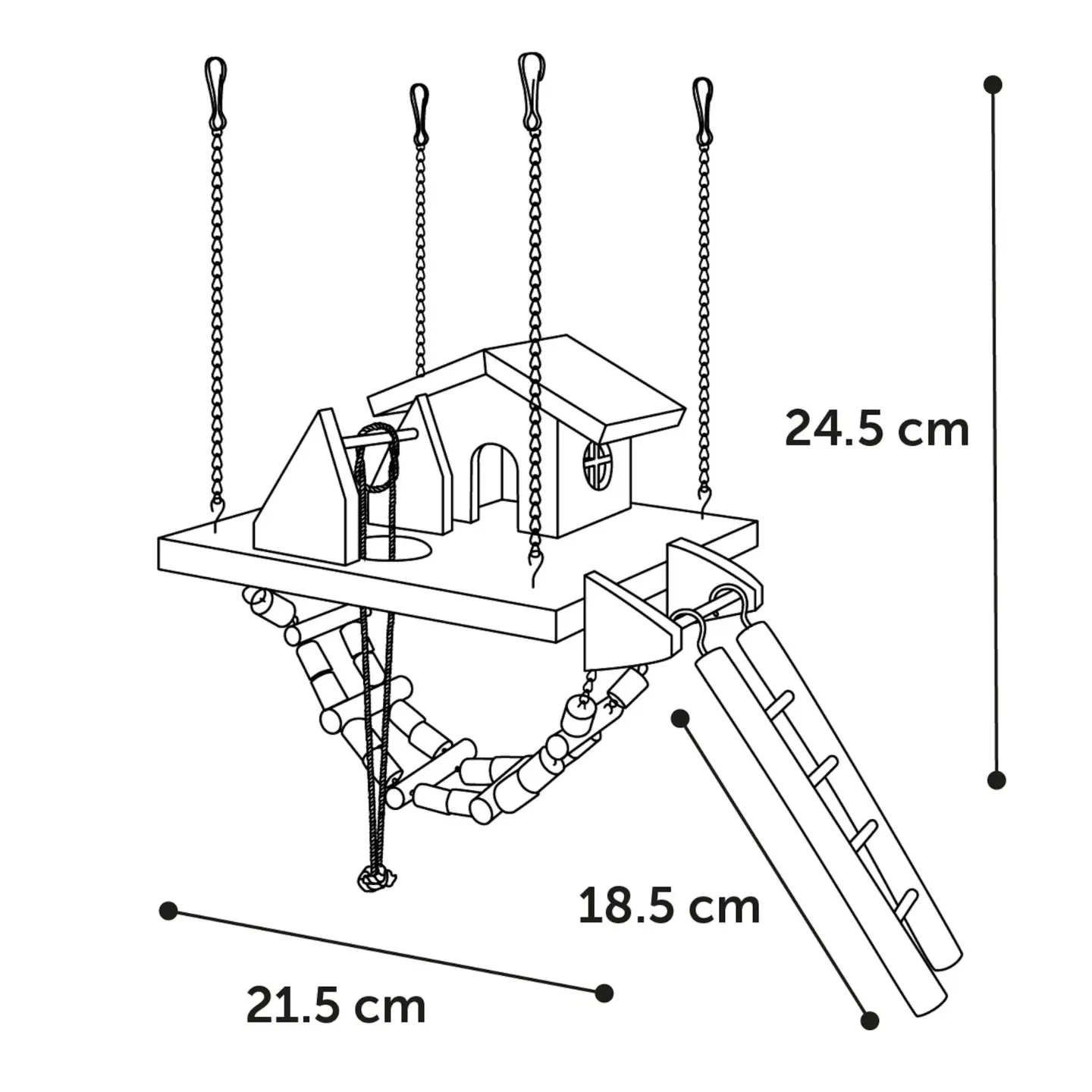 Hängande Lekhus i Naturträ med Bro och Stege 24 cm
