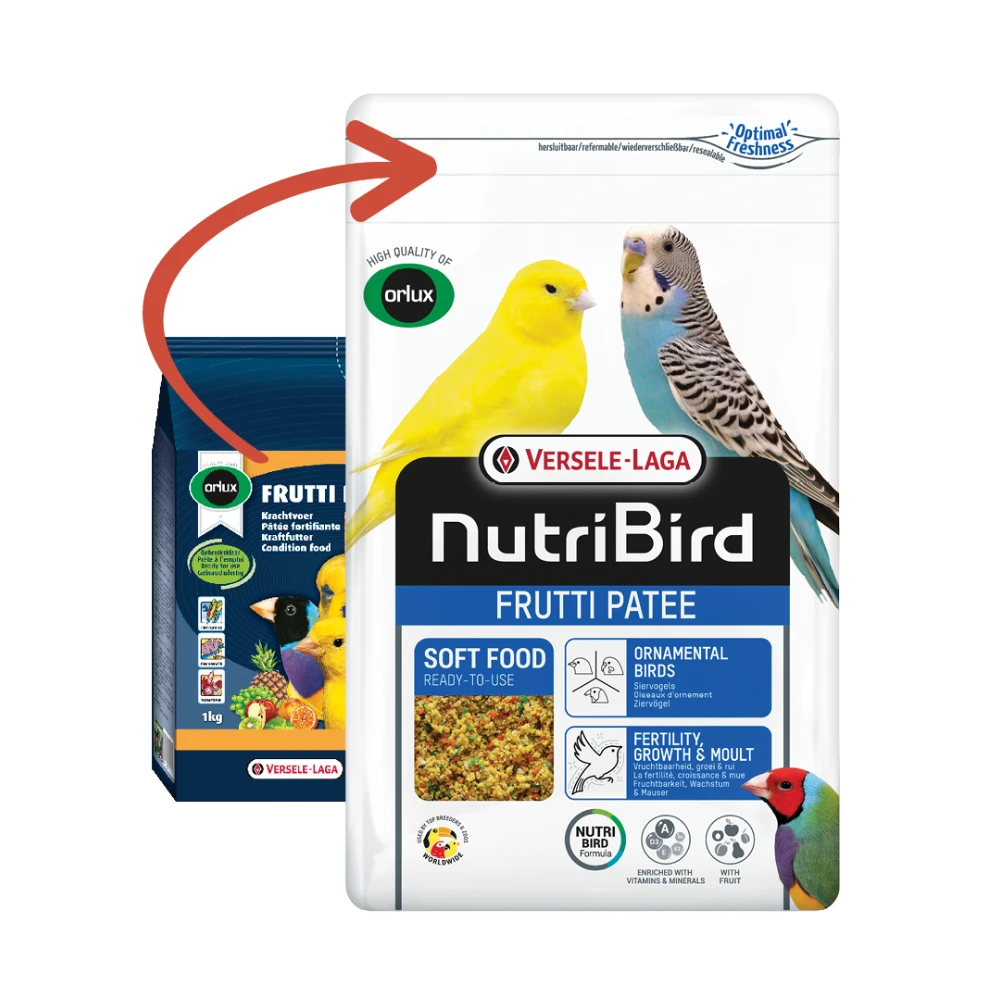 Frutti pate äggfoder från Nutribird, uppdaterad variant för alla burfåglar som kanarie, parakiter och papegojor mfl