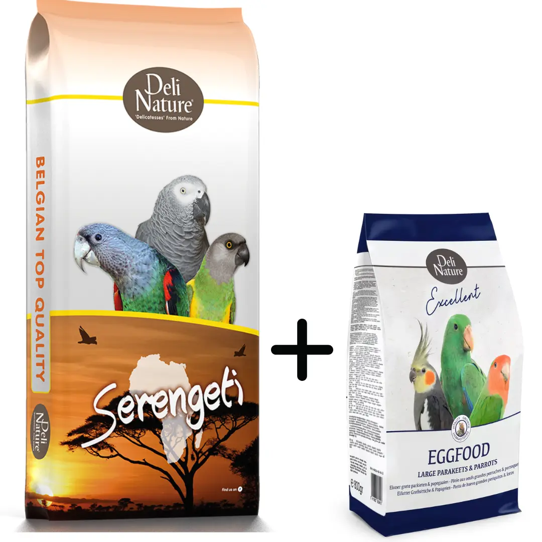 20-Serengeti Papegojblandning 15 kg + parakit och papegojäggfoder 800g