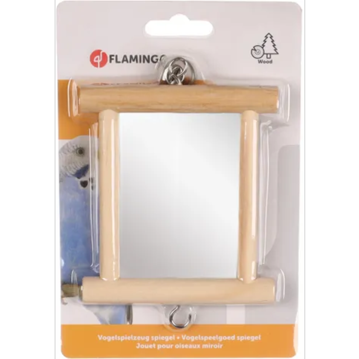 förpackningen till spegeln med träram passande undulat och dvärgpapegoja