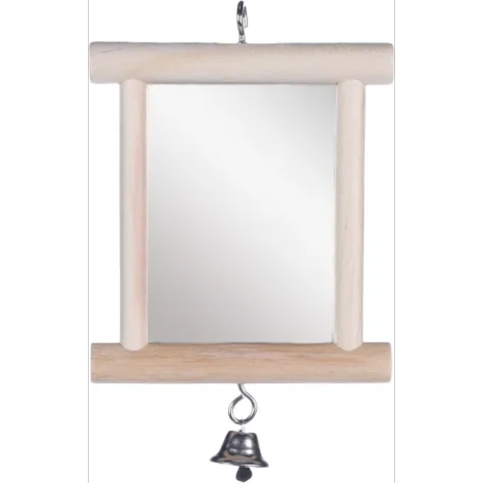 Spegel med träram till att hänga i fåglbur för aktivering